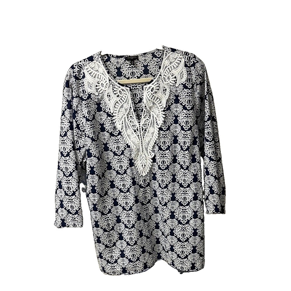 Talbots Blouse Women's Sz 2X V-neck Navy and White Lace 100% 3/4 Sleeves Cotton